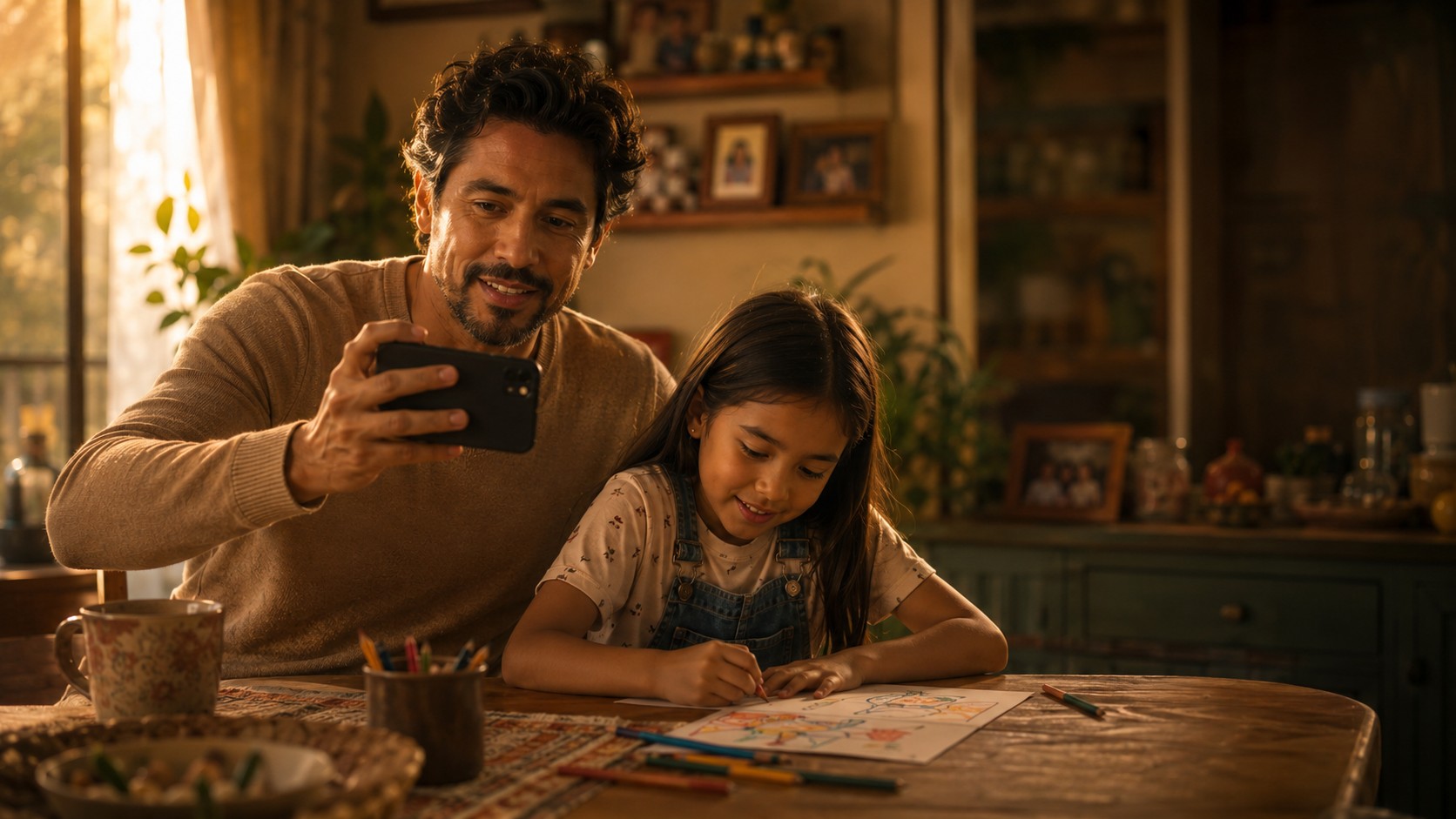 Un padre y su hija comparten historias en casa.